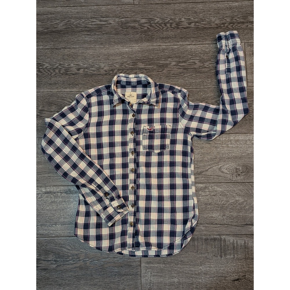 Hollister Womens Small Navy Pink Plaid Flannel Button Down Shirt 100% Cotton